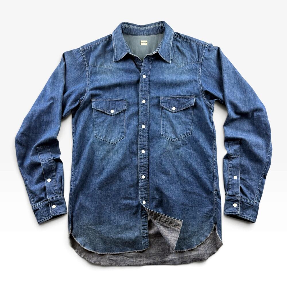 Chimala Denim Western Shirt Mens L Made in Japan Distressed Indigo Workwear Snap